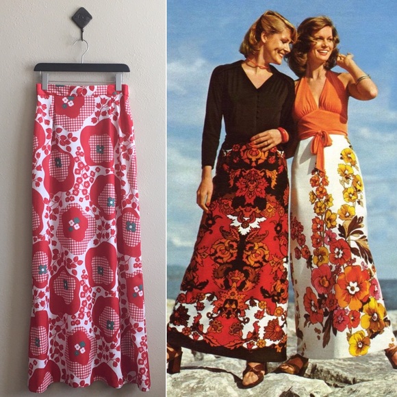 Vintage Dresses & Skirts - ’60s / Red Blooms Maxi Skirt